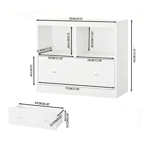 White Kids Storage Cabinet 2 Open Shelves With Full-Width Drawer Anti-Tip Design For Playroom Nursery