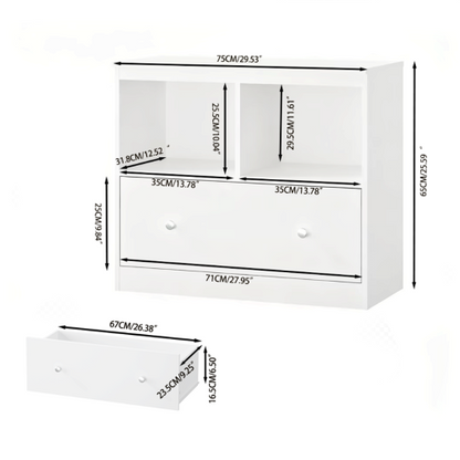 White Kids Storage Cabinet 2 Open Shelves With Full-Width Drawer Anti-Tip Design For Playroom Nursery