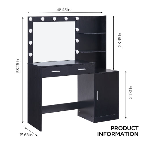 Black Vanity Desk with Mirror & Lights, 46.4IN Dressing Table, 2 Large Drawers & Vertical Organizer, 3 Lighting Modes