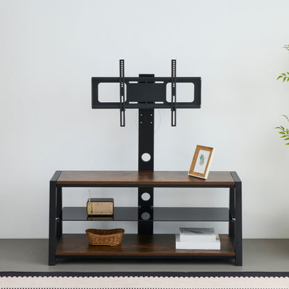 Rustic Brown Swivel TV Stand, Black Tempered Glass Height Adjustable Cart with Power Outlets for 32-65 Inch TV
