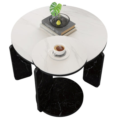 Set of 2 Round Nesting Coffee Tables, White Sintered Stone Top & MDF Frame, 32.68inch +16.93inch  for Small Spaces