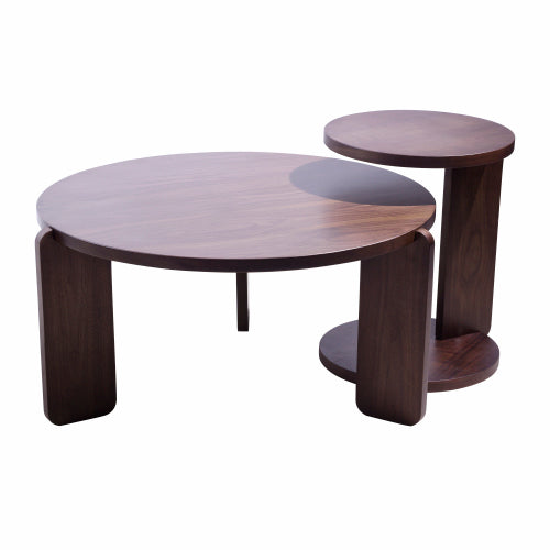 Set of 2 Walnut Veneer Nesting Round Coffee Tables, Water Resistant PU Paint MDF Side Table