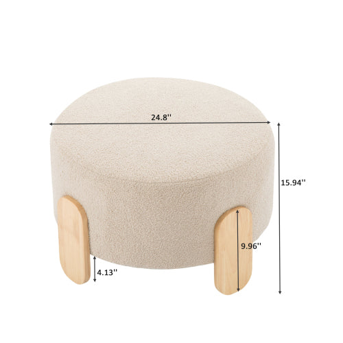 24.8 inch Round Soft Fabric Ottoman, Natural Wood Leg Multifunctional Footrest Extra Seat for Home Office