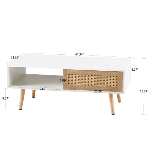 Rattan Coffee Table Sliding Door Storage Wood Leg White Modern Living Room Table