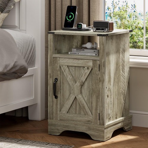 Warm Grey Farmhouse Nightstand with Charging Cabinet