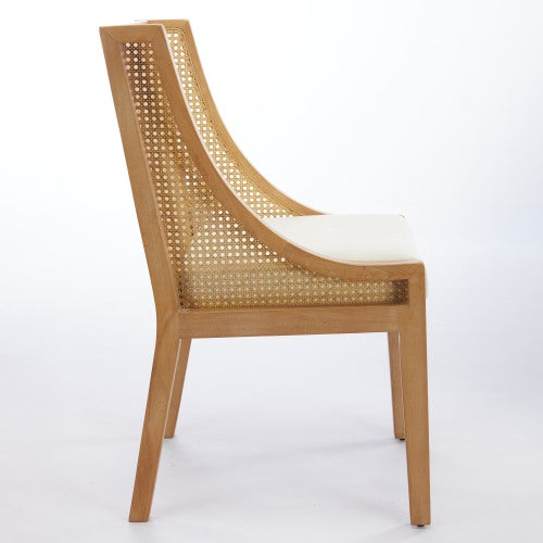 Single Beige Rattan Dining Chair, Solid Wood Frame with Decorative Armrest, Linen Upholstered Seat, Rustic Side Chair for Kitchen & Living Room