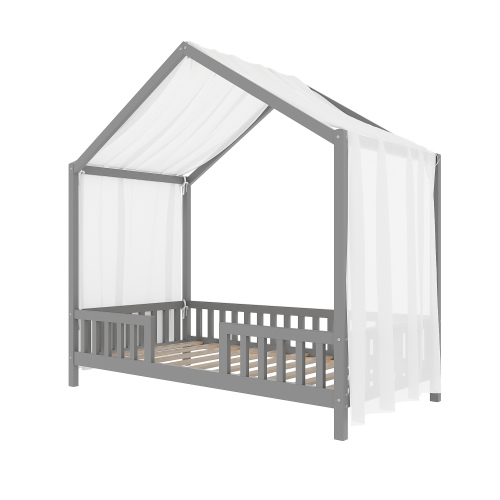 Montessori Floor Bed with Canopy, Twin Bed Frame for Kids, House Shape Toddler Bed Frame with High Railings, Wood Kids Bed with Roof, Kid Twin Bed, Grey