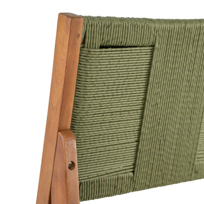 Outdoor Acacia Wood Bar Stools (Set of 2), Teak Finish Bar Height Chairs with Cream Cushion & Green Wicker Back, Counter Height Stools for Patio, Poolside, Kitchen Island