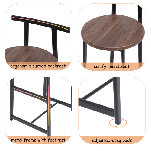 Bar Stool Set of 3 Counter Height Barstools with Back Armless Dining Chairs for Kitchen Island (Black & Walnut Brown)