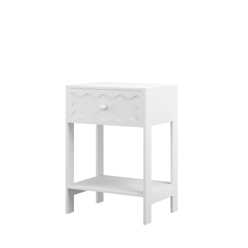 White Nightstand with Drawer and Open Shelf, Modern Wave Pattern Bedside Table, Solid Wood Frame End Table for Bedroom, Living Room, Small Spaces