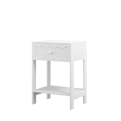 White Nightstand with Drawer and Open Shelf, Modern Wave Pattern Bedside Table, Solid Wood Frame End Table for Bedroom, Living Room, Small Spaces