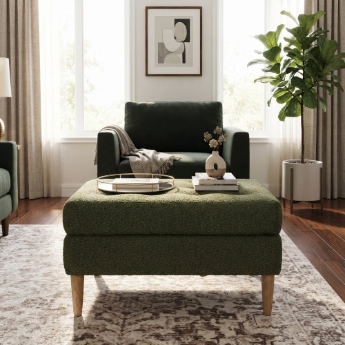 Olive Green Boucle Upholstered Ottoman, Tufted Footrest with Solid Rubber Wood Legs, 350 LBS Weight Capacity
