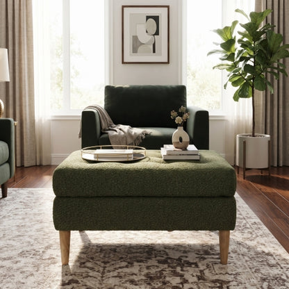 Olive Green Boucle Upholstered Ottoman, Tufted Footrest with Solid Rubber Wood Legs, 350 LBS Weight Capacity