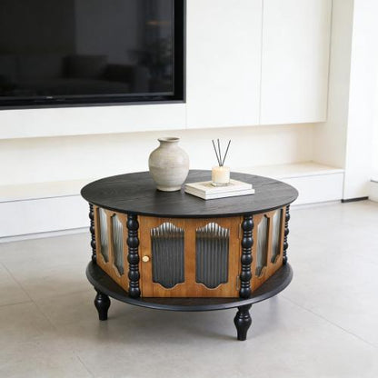 31.5inch  Black & Walnut Vintage Storage Coffee Table with Glass Doors