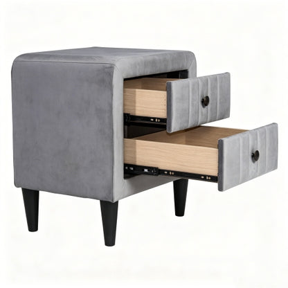 Gray Velvet Upholstered 2-Drawer Nightstand, Wood Frame & Black Legs, 20inchW