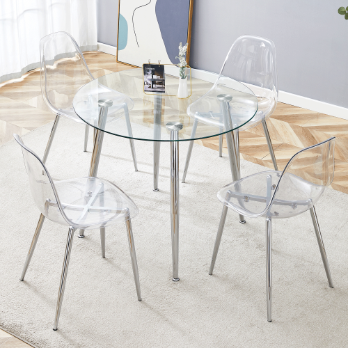 5-Piece Modern Round Glass Dining Set, Transparent Tempered Glass Table & Chairs with Silver Metal Legs