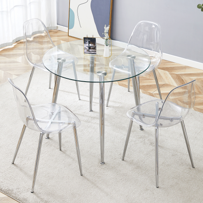 5-Piece Modern Round Glass Dining Set, Transparent Tempered Glass Table & Chairs with Silver Metal Legs