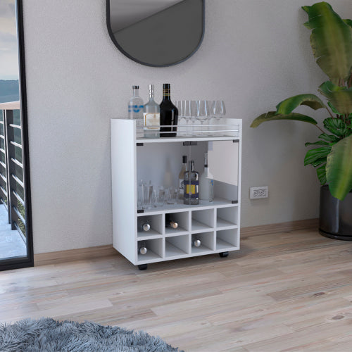 Bar Cart with Built-In 8-Bottle Rack, Double Glass Door Cabinet, and Aluminum-Edged Top Surface