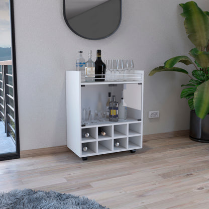 Bar Cart with Built-In 8-Bottle Rack, Double Glass Door Cabinet, and Aluminum-Edged Top Surface
