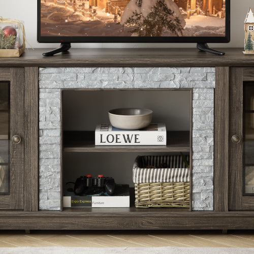 58 Inch Grey Faux Stone Two-Door TV Media Console Adjustable Shelves 6 Cable Holes Fits TVs Up To 65 Inch