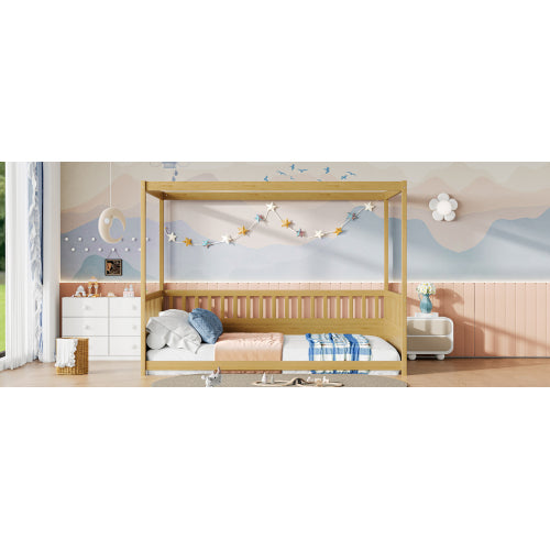 Full Size Canopy Bed Frame with Guardrails for Kids,Floor Bed Full with Four Poster Design,Kids Montessori Floor Bed,Wood Canopy Bed Frame for Girls,Boys(Full,Natural)