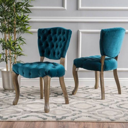 Tufted Velvet-Look Dining Chairs with Carved Wood Legs, Set of 2, Teal