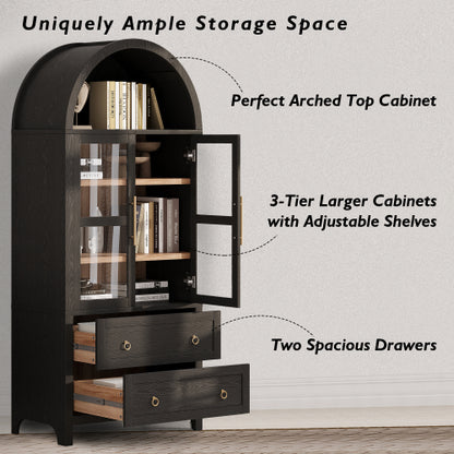 71 Inch Black Arched Glass Door Kitchen Pantry Storage Cabinet