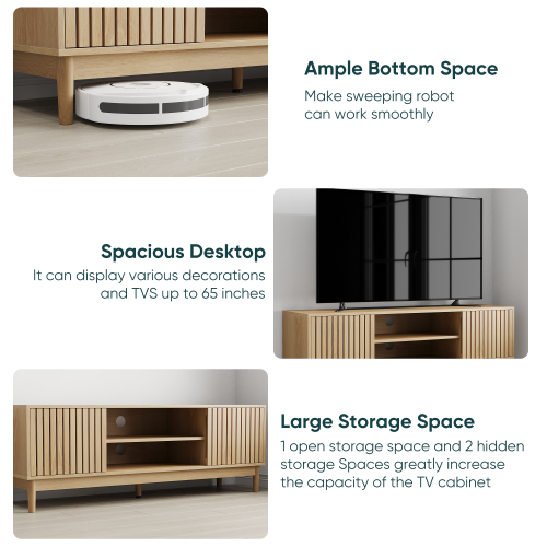 55 Inch Oak Vertical Slat Mid-Century TV Stand Silent Hinge Media Cabinet Fits 65 Inch TV