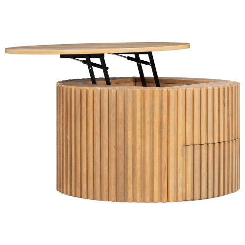 Round Lift Top Coffee Table Storage Fluted Wood MDF Solid Wood Living Room Table