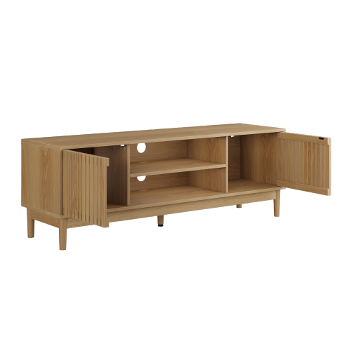 55 Inch Oak Vertical Slat Mid-Century TV Stand Silent Hinge Media Cabinet Fits 65 Inch TV