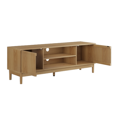 55 Inch Oak Vertical Slat Mid-Century TV Stand Silent Hinge Media Cabinet Fits 65 Inch TV