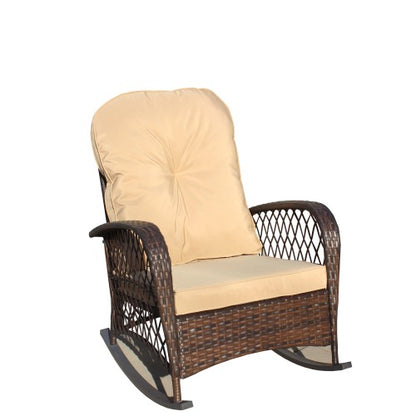 Outdoor Wicker Rocking Chair with Wide Seat, Thick, Soft Cushion, Rattan Rocker w/Steel Frame, High Weight Capacity for Patio, Garden, Backyard, Shallow brown Cushion