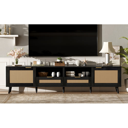 78.74 Inch Farmhouse Rattan TV Stand Solid Wood Leg Media Console Supports 85 Inch TV