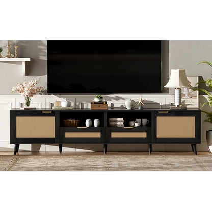 78.74 Inch Farmhouse Rattan TV Stand Solid Wood Leg Media Console Supports 85 Inch TV