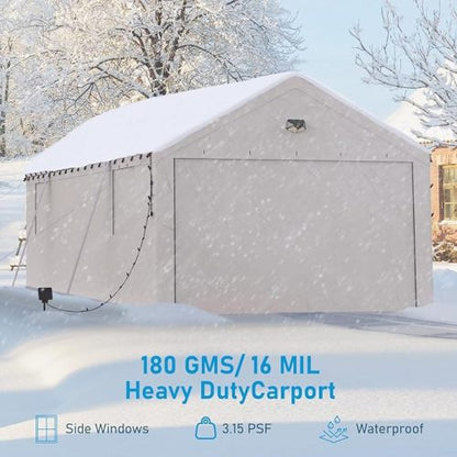 13x25 Carport Canopy, Heavy Duty Car Port, Portable Car Ports Garage with 2 Roll-Up Zipper Drive Through Doors,white