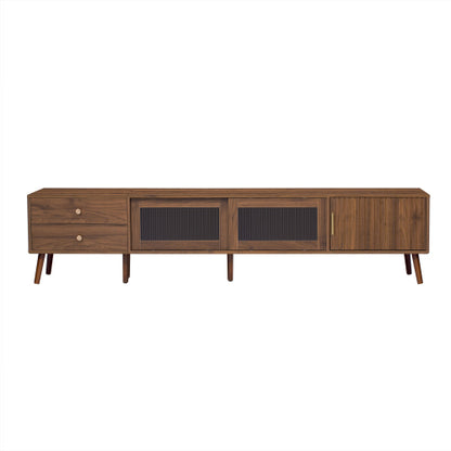 76.7 inch Natural Wood Wave Tempered Glass Door TV Stand Solid Wood Leg Media Console For 85 inch TV