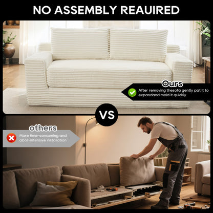 Beige Memory-Foam Convertible Compression Loveseat Sofa-Bed Corduroy No-Assembly Couch for Small Apartment