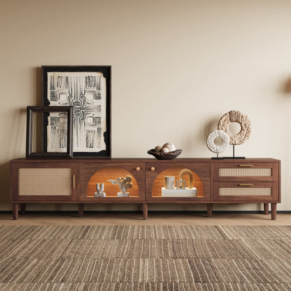 86 inch TV Stand for TVs Up to 90 inch, Rattan Media Console with LED Lights, Drawers & Glass Storage