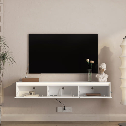 White Wall Mount High Gloss Floating TV Cabinet with Touch LED Light & Power Outlet