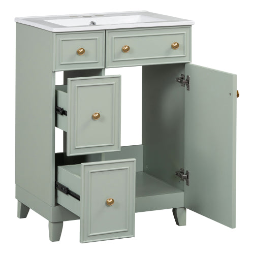 24-Inch Bathroom Vanity Cabinet with Ceramic Sink, 2 Drawers, 1 Door