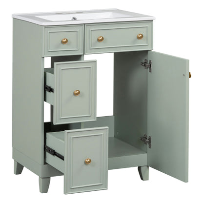 24-Inch Bathroom Vanity Cabinet with Ceramic Sink, 2 Drawers, 1 Door