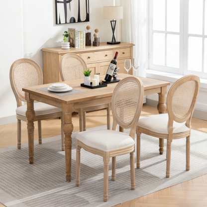 Rattan Back Wood Dining Chairs with Linen Seats, Set of 2, Beige
