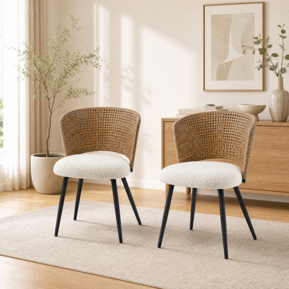 PE Rattan Dining Chairs with Teddy Cushions and Metal Legs, Set of 2, Beige/Brown