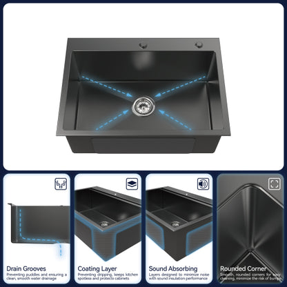 Stainless Steel Kitchen Sink, 27″x19″ Single Bowl, Overmount Handmade Sink in Black, with US Standard Drain and Hook, LS-SSBL01