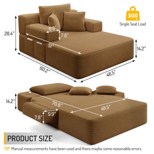 Camel Oversized Plush Corduroy Frameless Convertible Chaise Sofa Bed w/Storage Pockets & 3 Pillows