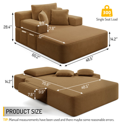 Camel Oversized Plush Corduroy Frameless Convertible Chaise Sofa Bed w/Storage Pockets & 3 Pillows