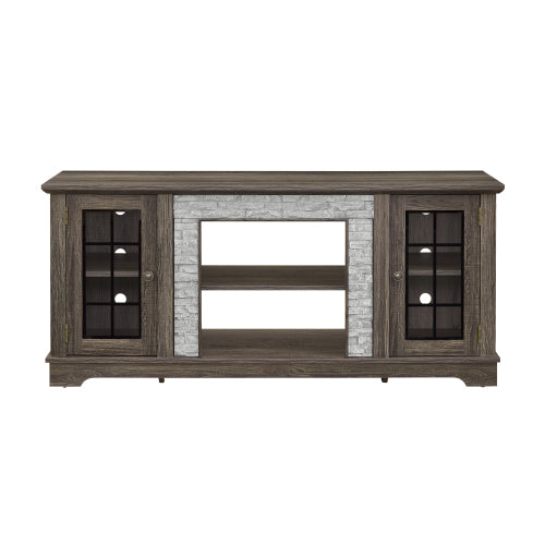 58 Inch Grey Faux Stone Two-Door TV Media Console Adjustable Shelves 6 Cable Holes Fits TVs Up To 65 Inch