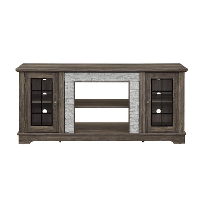 58 Inch Grey Faux Stone Two-Door TV Media Console Adjustable Shelves 6 Cable Holes Fits TVs Up To 65 Inch