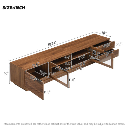 78.74 inch Walnut Fluted Glass Door Legless TV Stand 2 Drawer Media Console Supports Up To 85 inch TV