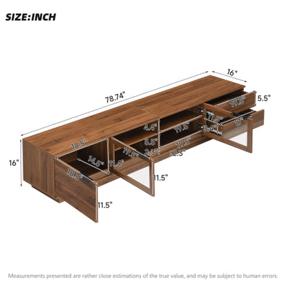 78.74 inch Walnut Fluted Glass Door Legless TV Stand 2 Drawer Media Console Supports Up To 85 inch TV